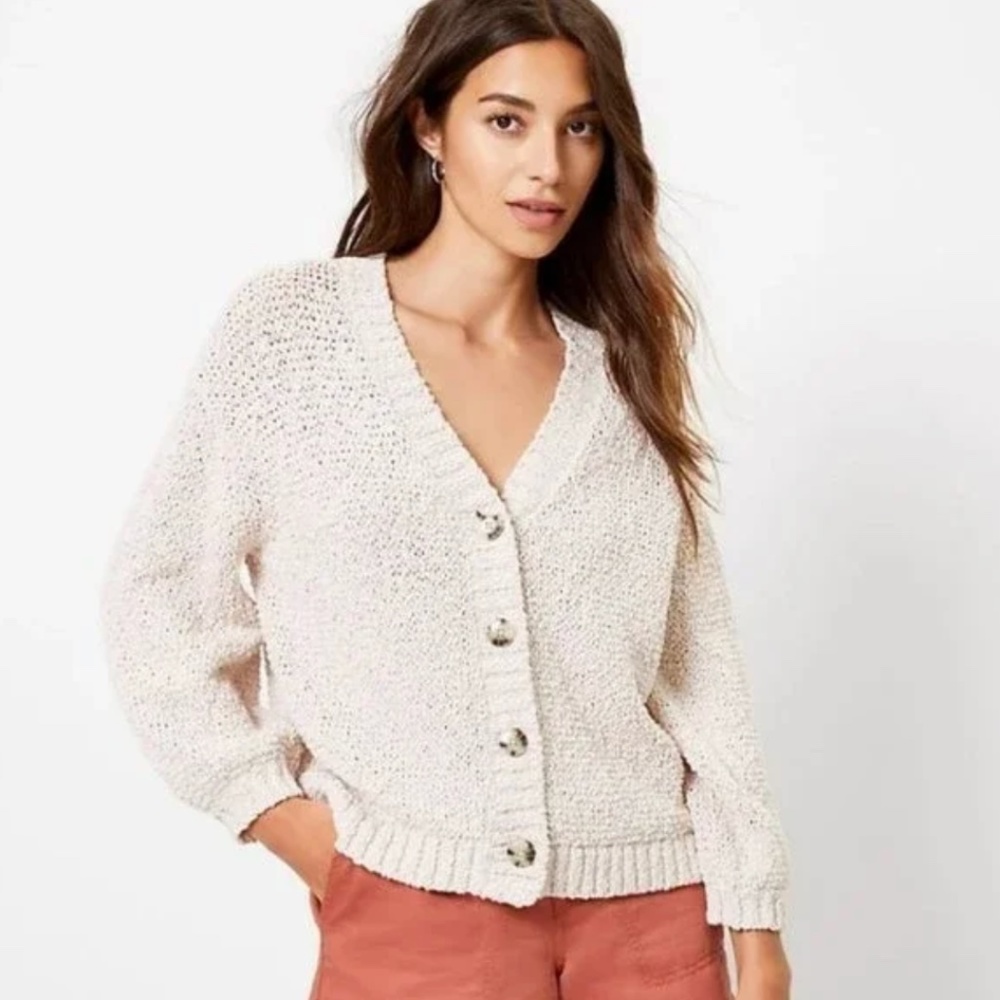 Loft Textured V-Neck Cardigan Oatmeal/Cream Size Small